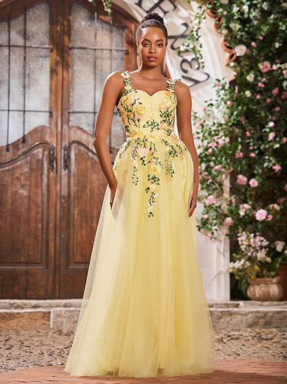 Floral Floor-length Appliqued Sweetheart Tulle Gowns Daffodil