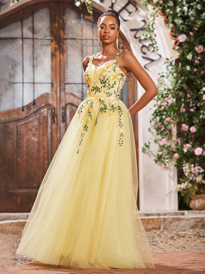 Floral Floor-length Appliqued Sweetheart Tulle Gowns Daffodil