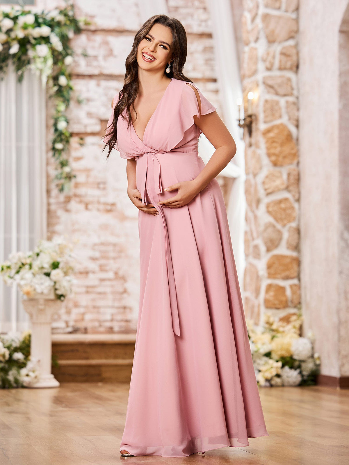 Deep V-neck A-line Empire Waist Long Chiffon Dreses Dusty Rose