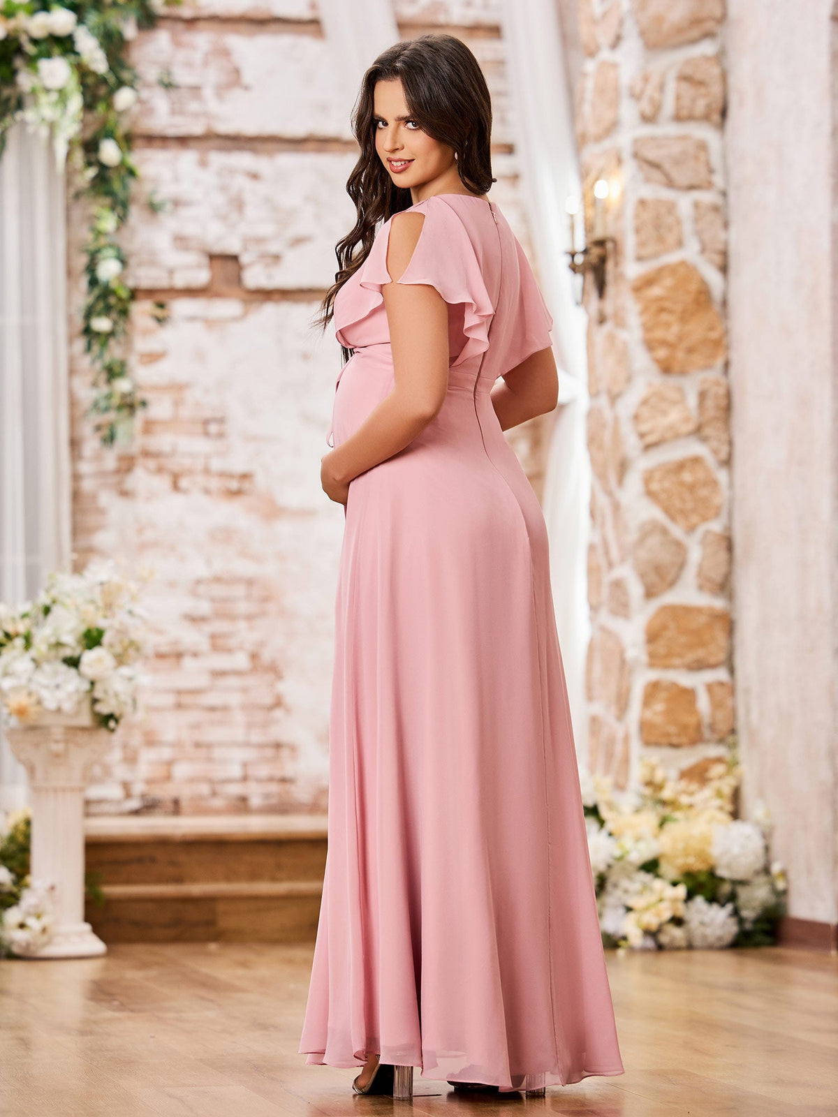 Deep V-neck A-line Empire Waist Long Chiffon Dreses Dusty Rose