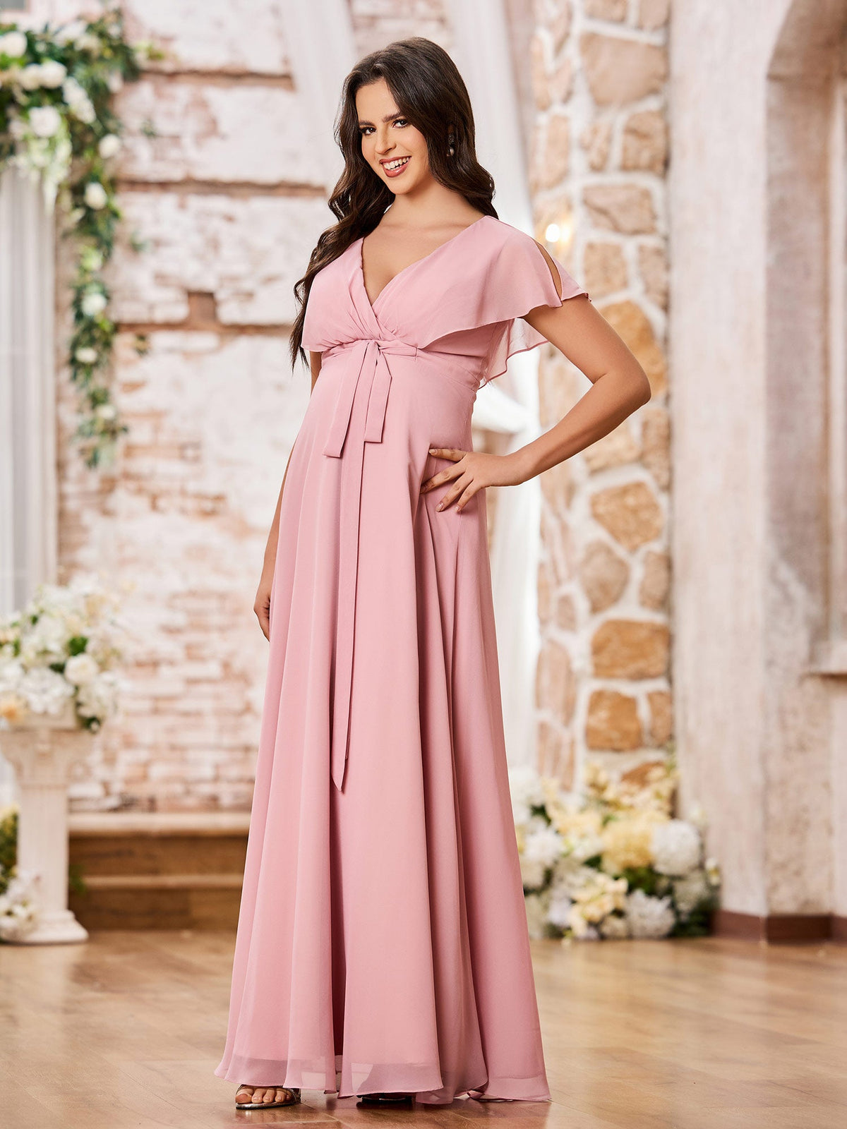 Deep V-neck A-line Empire Waist Long Chiffon Dreses Dusty Rose