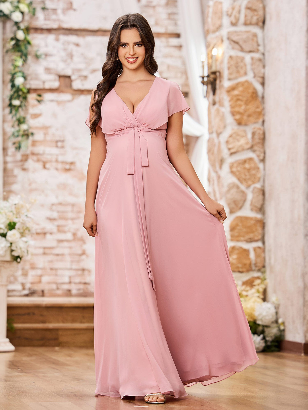 Deep V-neck A-line Empire Waist Long Chiffon Dreses Dusty Rose