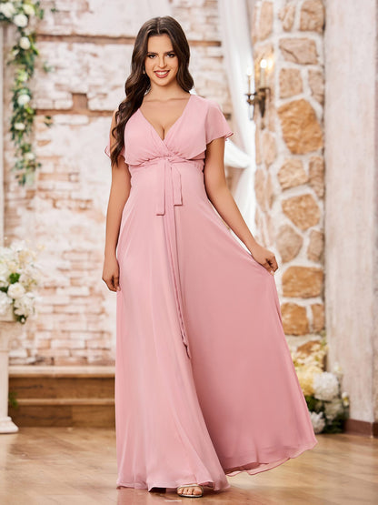 Deep V-neck A-line Empire Waist Long Chiffon Dreses Dusty Rose