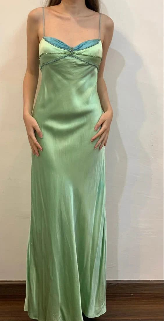 Vintage Green Spaghetti Straps Beading Sheath Long Party Dress Formal Prom Dress cc3033