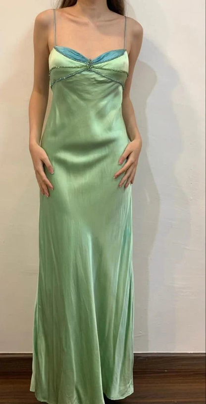 Vintage Green Spaghetti Straps Beading Sheath Long Party Dress Formal Prom Dress cc3033