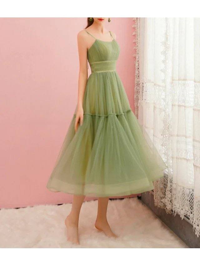 A-Line Spring Cocktail Party Prom Dress Spaghetti Strap Sleeveless Tea Length Satin Tulle with Pleats Ruched - RongMoon