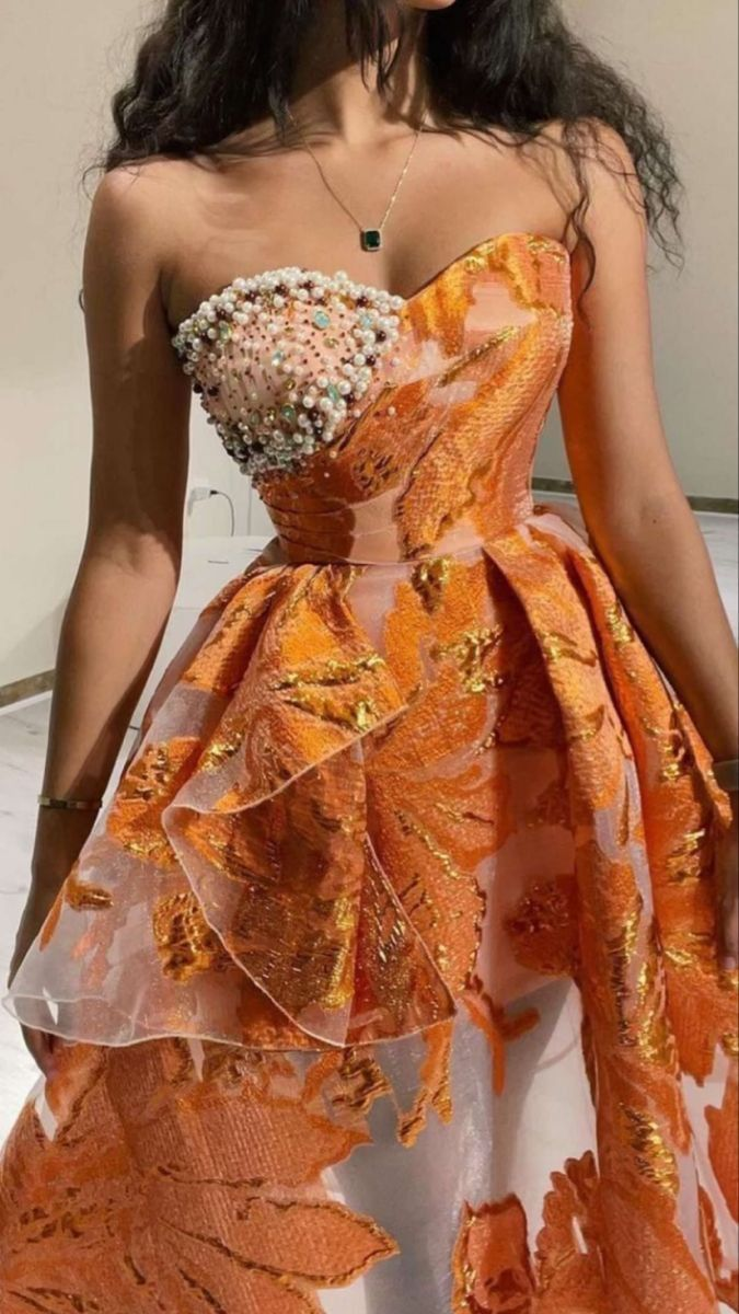 Luxurious Orange Tulle Print Floral Homecoming Dress Strapless Pearls Short Prom Dress cc2399