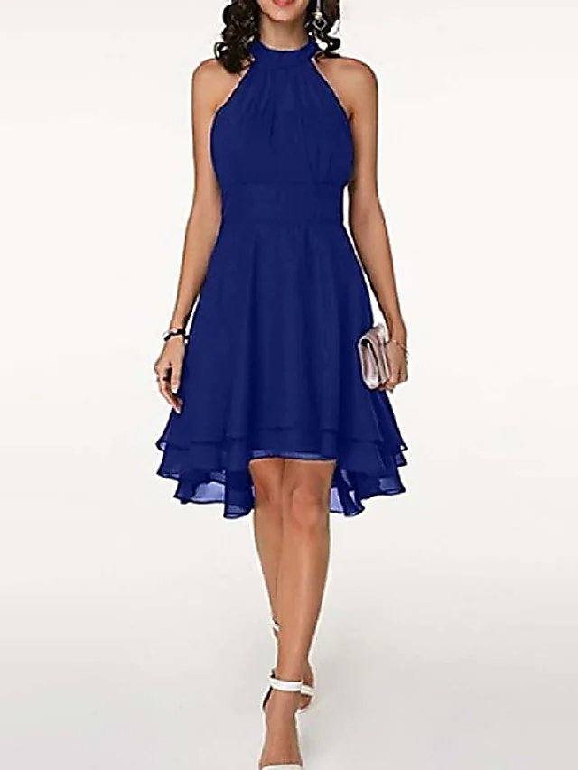 A-Line Flirty Empire Engagement Cocktail Party Dress Halter Neck Sleeveless Knee Length Chiffon with Sleek Tier - RongMoon