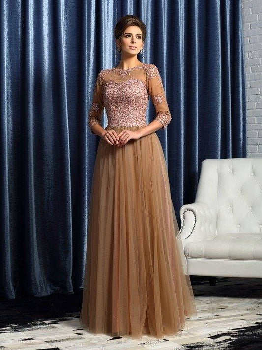 A-Line/Princess Scoop 3/4 Sleeves Long Elastic Woven Satin Mother of the Bride Dresses - RongMoon