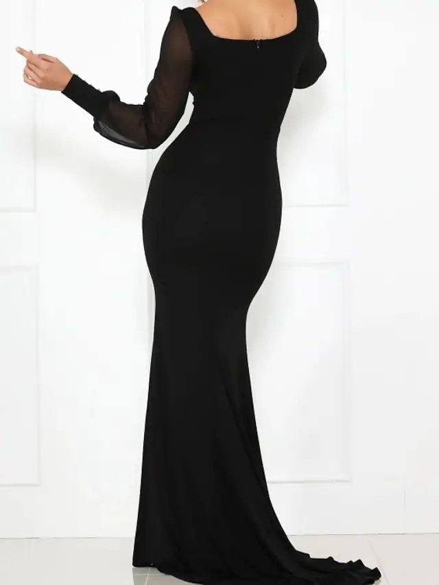 Mermaid / Trumpet Minimalist Elegant Wedding Guest Formal Evening Dress Scoop Neck Long Sleeve Court Train Stretch Satin with Sleek - RongMoon