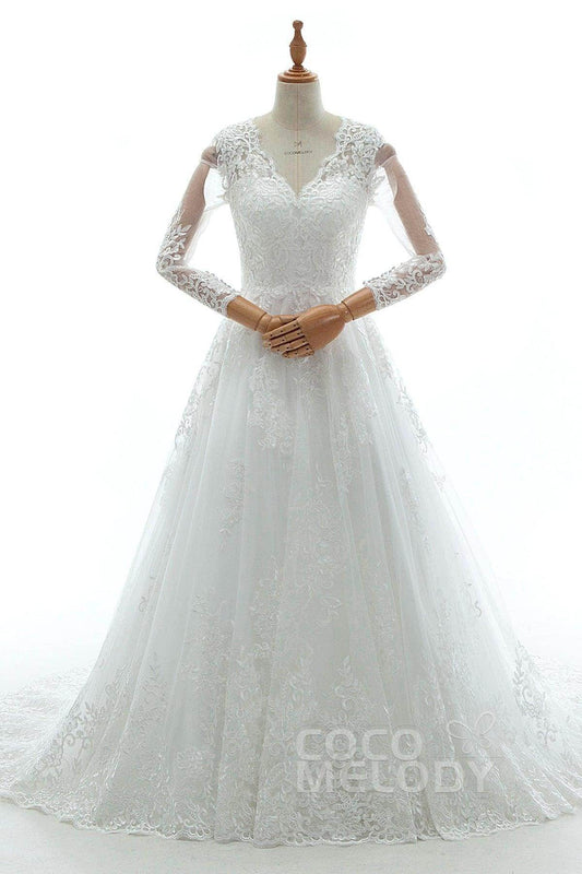 A-Line Court Train Tulle Lace and Satin Wedding Dress LD5731