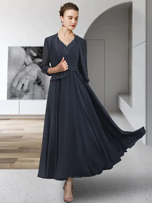 Two Piece A-Line Mother of the Bride Dress Elegant V Neck Ankle Length Chiffon Lace Sleeveless with Sash Ribbon Pleats