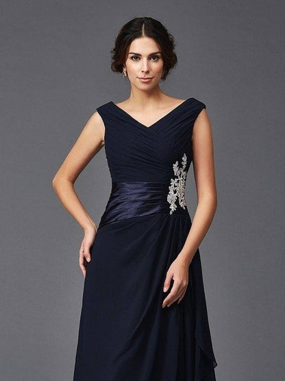 A-Line/Princess V-neck Applique Sleeveless Long Chiffon Mother of the Bride Dresses - RongMoon