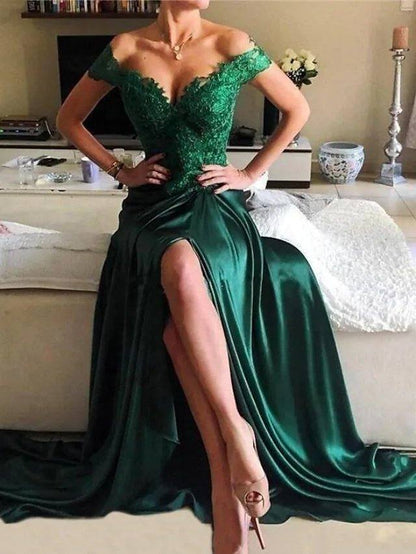 A-Line Elegant Prom Formal Evening Dress Off Shoulder Short Sleeve Sweep / Brush Train Lace Satin with Split Appliques - RongMoon