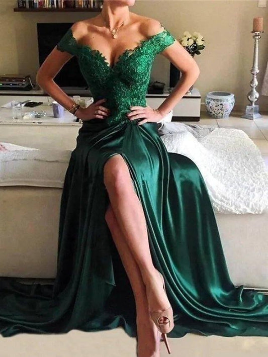 A-Line Elegant Prom Formal Evening Dress Off Shoulder Short Sleeve Sweep / Brush Train Lace Satin with Split Appliques - RongMoon