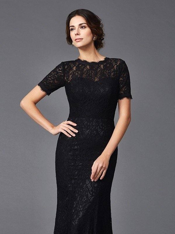 Sheath/Column Jewel Lace Short Sleeves Long Elastic Woven Satin Mother of the Bride Dresses - RongMoon