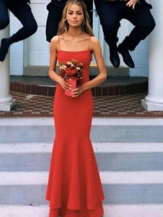 Sheath/Column Spaghetti Straps Sleeveless Floor-Length Layers Stretch Crepe Dresses - RongMoon