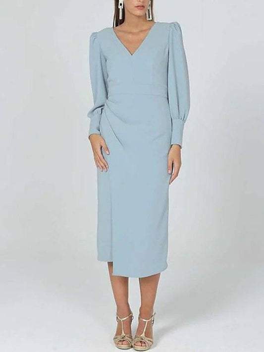 Sheath / Column Mother of the Bride Dress Elegant V Neck Tea Length Stretch Fabric Long Sleeve with Ruching - RongMoon