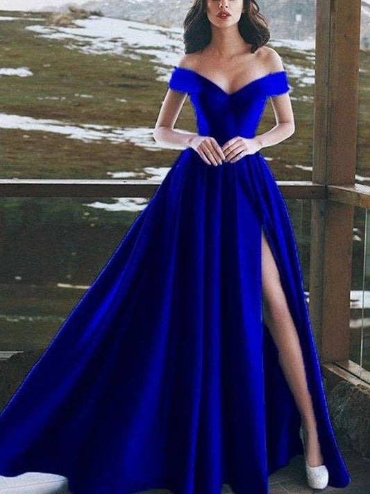 A-Line/Princess Sleeveless Off-the-Shoulder Floor-Length Ruffles Satin Dresses - RongMoon
