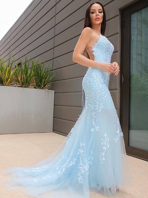 Trumpet/Mermaid Halter Sleeveless Lace Tulle Sweep/Brush Train Dresses - RongMoon