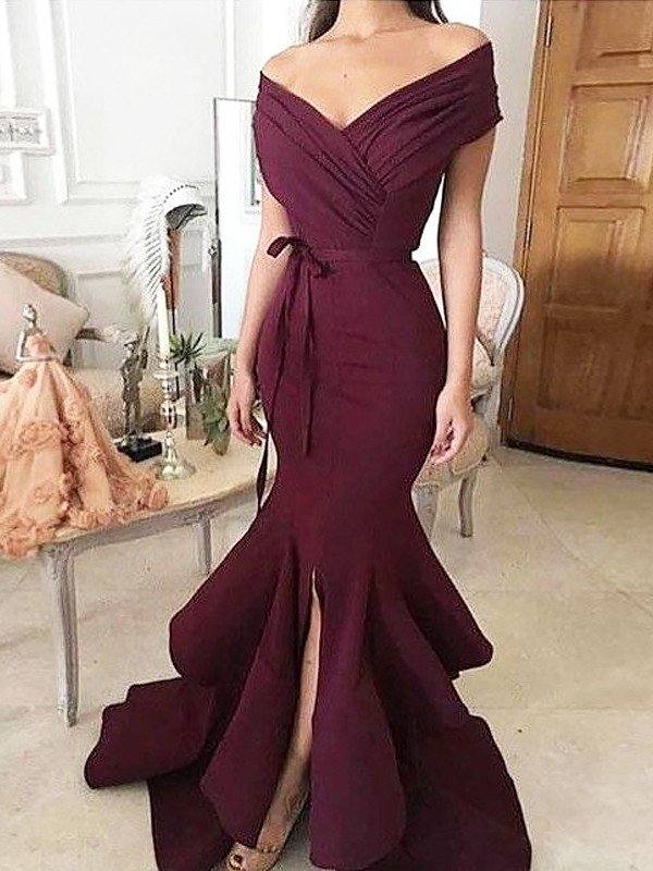 Trumpet/Mermaid Off-the-Shoulder Sleeveless Floor-Length Ruched Stretch Crepe Dresses - RongMoon