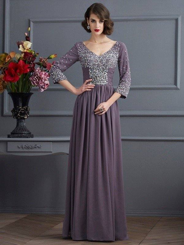 Sheath/Column V-neck 3/4 Sleeves Beading Long Chiffon Mother of the Bride Dresses - RongMoon