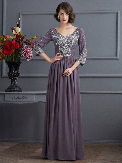 Sheath/Column V-neck 3/4 Sleeves Beading Long Chiffon Mother of the Bride Dresses - RongMoon