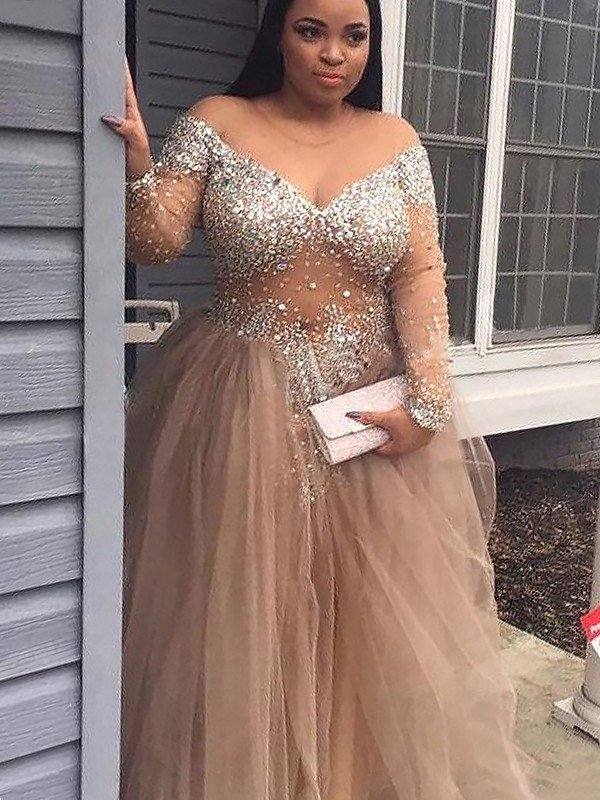 Ball Gown Off-the-Shoulder Long Sleeves Sequin Tulle Floor-Length Dresses - RongMoon