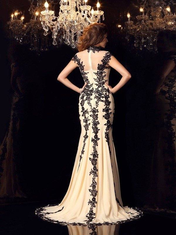 Trumpet/Mermaid High Neck Applique Sleeveless Long Chiffon Dresses - RongMoon