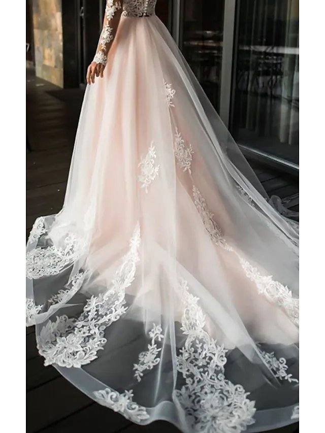A-Line Wedding Dresses V Neck Sweep / Brush Train Lace Tulle Long Sleeve Romantic Boho Illusion Sleeve with Appliques - RongMoon