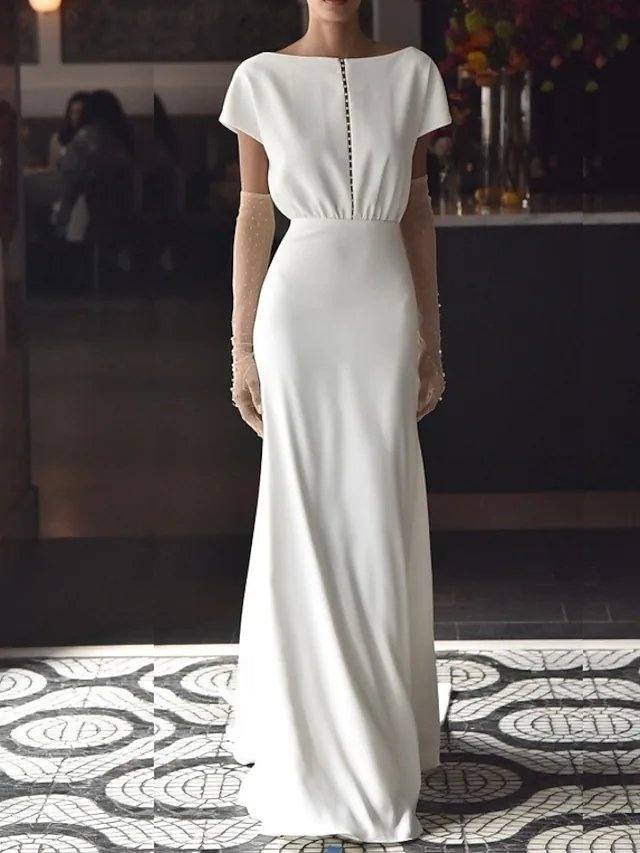 Mermaid / Trumpet Wedding Dresses Off Shoulder Sweep / Brush Train Chiffon Over Satin Short Sleeve Beach with Draping - RongMoon