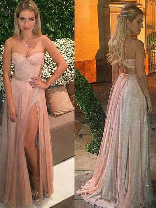 A-Line/Princess Sweetheart Sleeveless Floor-Length Lace Chiffon Dresses - RongMoon