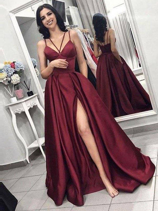 A-Line/Princess Sleeveless Spaghetti Straps Sweep/Brush Train Ruffles Satin Dresses - RongMoon