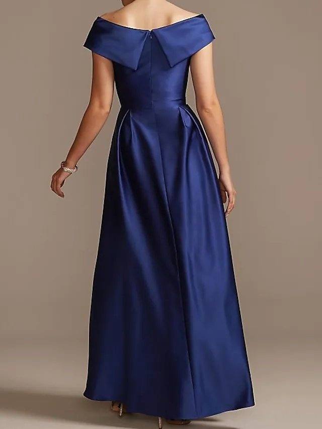 A-Line Mother of the Bride Dress Elegant Off Shoulder Asymmetrical Satin Short Sleeve with Pleats - RongMoon