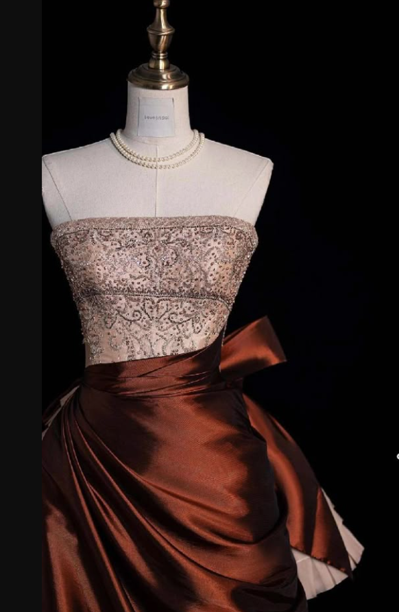 Vintage Strapless Satin Beaded  A Line Evening Dress Prom Gown S194