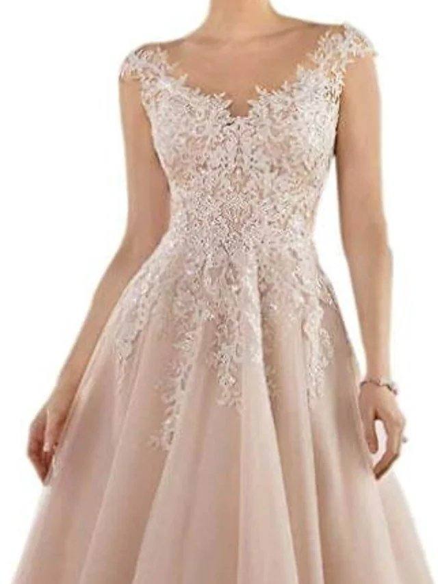 A-Line Mother of the Bride Dress Elegant V Neck Tea Length Lace Tulle Sleeveless with Pleats Appliques - RongMoon