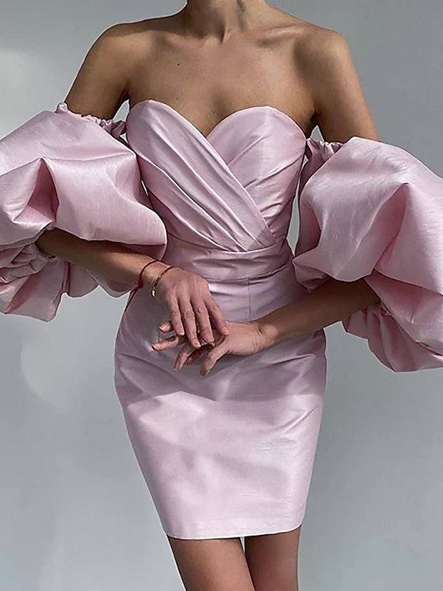 Sheath / Column Minimalist Sexy Homecoming Cocktail Party Dress Sweetheart Neckline 3/4 Length Sleeve Short / Mini Taffeta with Ruched - RongMoon