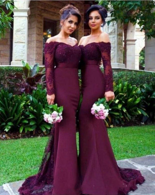 Burgundy Bridesmaid Dresses For Women Mermaid Off The Shoulder Lace Beaded Long Cheap Under 50 Wedding Party Dresses - RongMoon