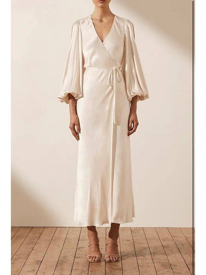 Sheath / Column Mother of the Bride Dress Simple Elegant V Neck Ankle Length Charmeuse 3/4 Length Sleeve with Bow(s) - RongMoon