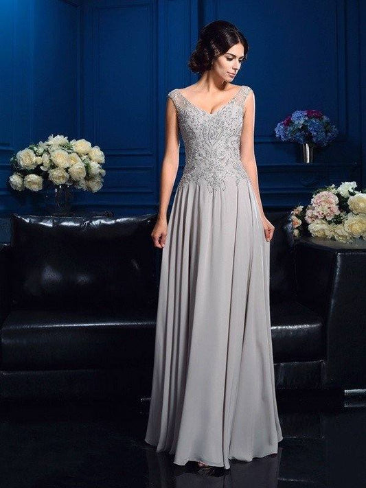 A-Line/Princess V-neck Beading Sleeveless Long Chiffon Mother of the Bride Dresses - RongMoon