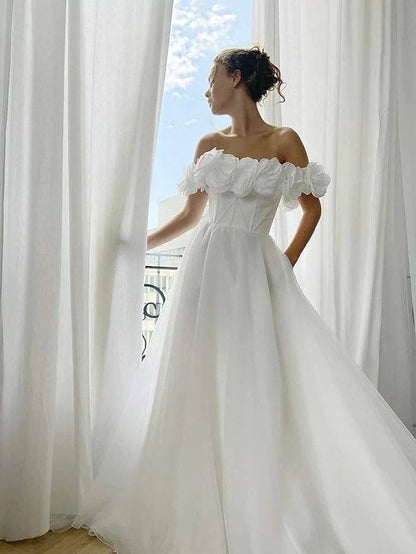 A-Line Elegant Floral Engagement Prom Dress Off Shoulder Sleeveless Sweep / Brush Train Organza with Sleek - RongMoon