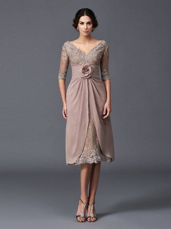 A-Line/Princess V-neck Hand-Made Flower 1/2 Sleeves Short Lace Mother of the Bride Dresses - RongMoon
