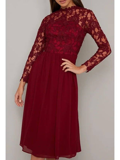 A-Line Mother of the Bride Dress Elegant High Neck Tea Length Chiffon Lace Long Sleeve with Lace Pleats - RongMoon