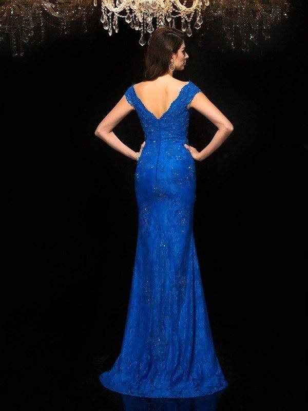 Trumpet/Mermaid V-neck Lace Sleeveless Long Lace Mother of the Bride Dresses - RongMoon