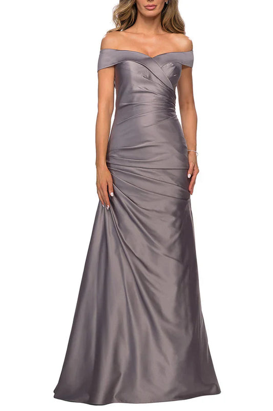 Off shoulder satin pleats elegant mother of the bride dress