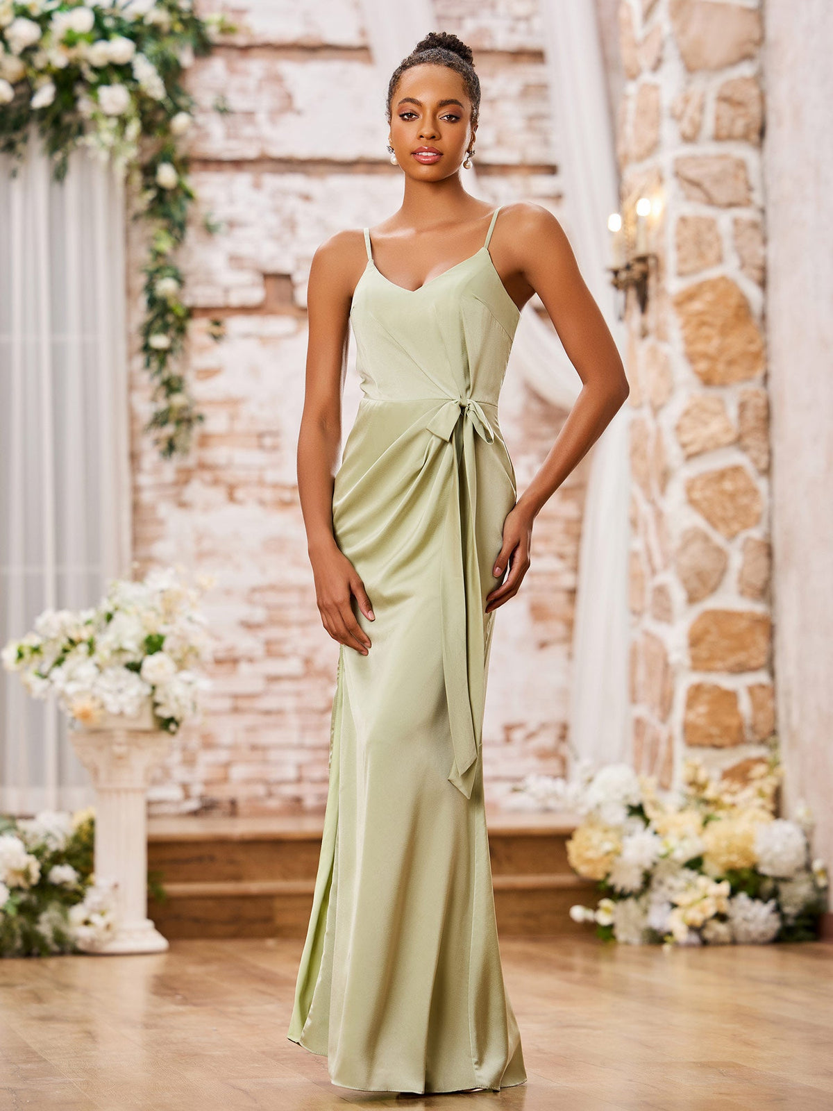 Spaghetti Straps Sheath Soft Satin Dresses with Side Slit Dusty Sage