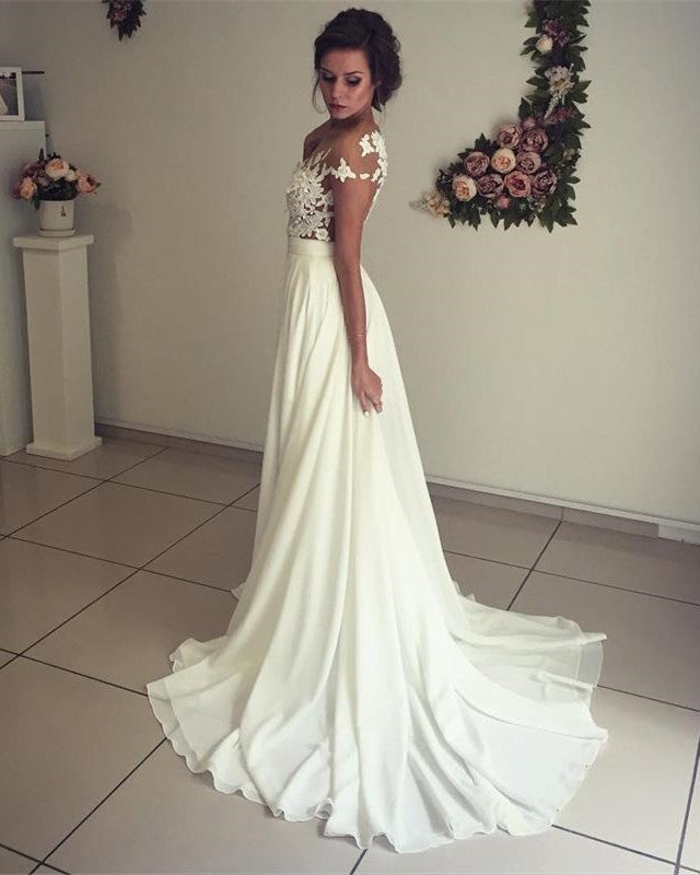 Lace Appliques Cap Sleeves Chiffon Beach Wedding Dresses With Slit