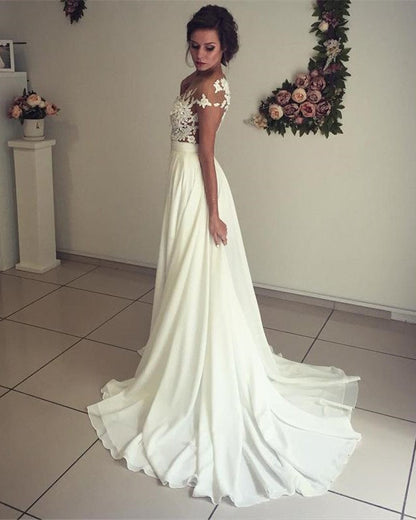 Lace Appliques Cap Sleeves Chiffon Beach Wedding Dresses With Slit