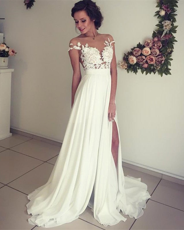 Lace Appliques Cap Sleeves Chiffon Beach Wedding Dresses With Slit