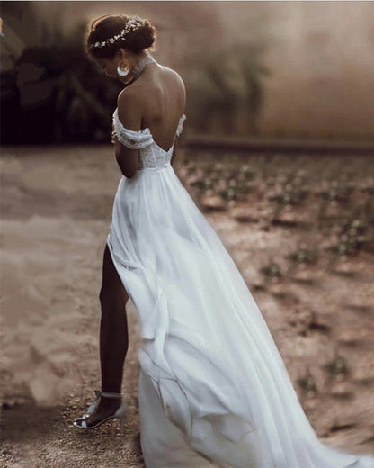 Lace Appliques Chiffon Beach Wedding Dresses Off Shoulder